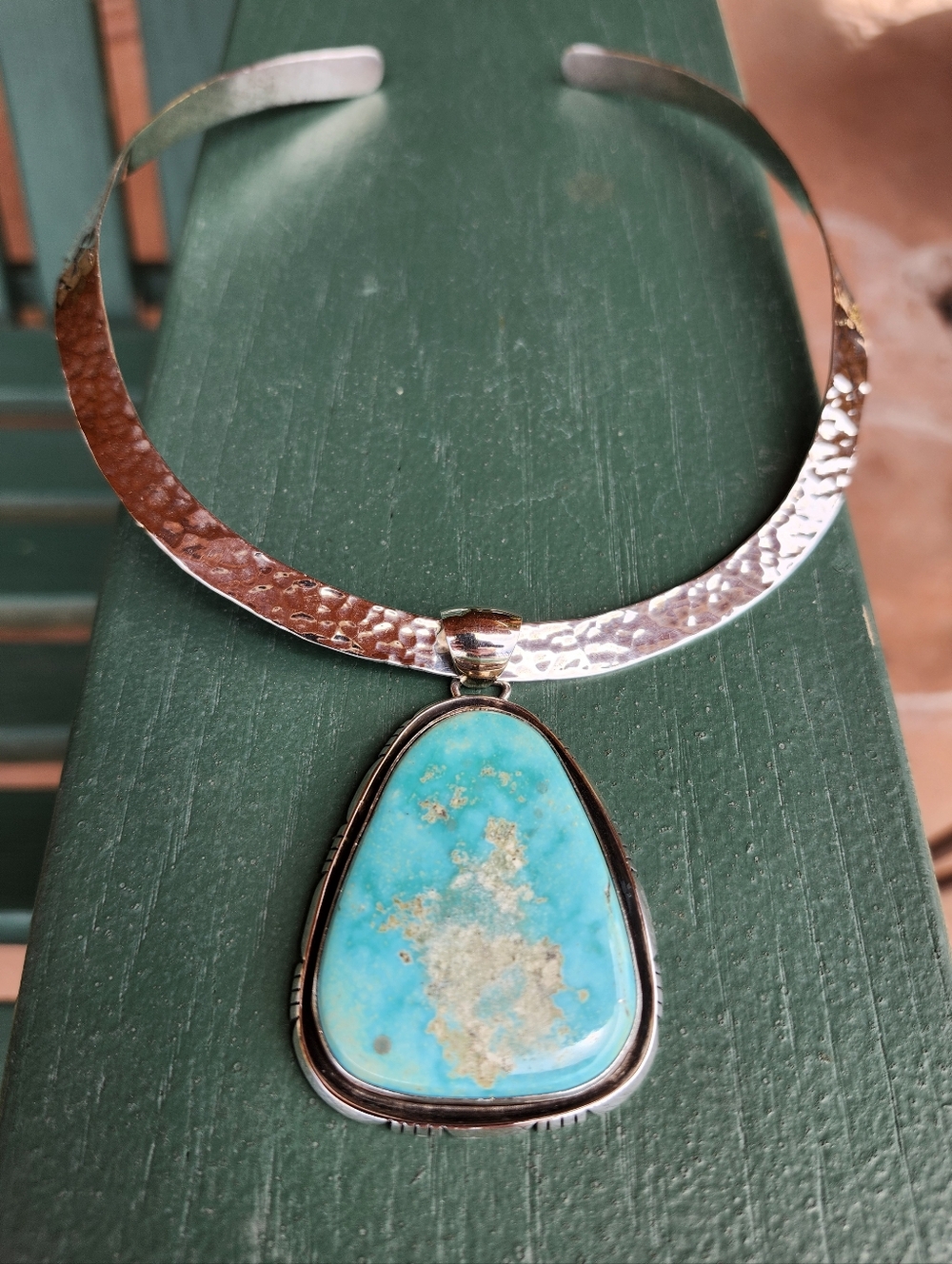 Sterling Silver Navajo SIGNED Huge Turquoise Necklace - Picture 4 of 17